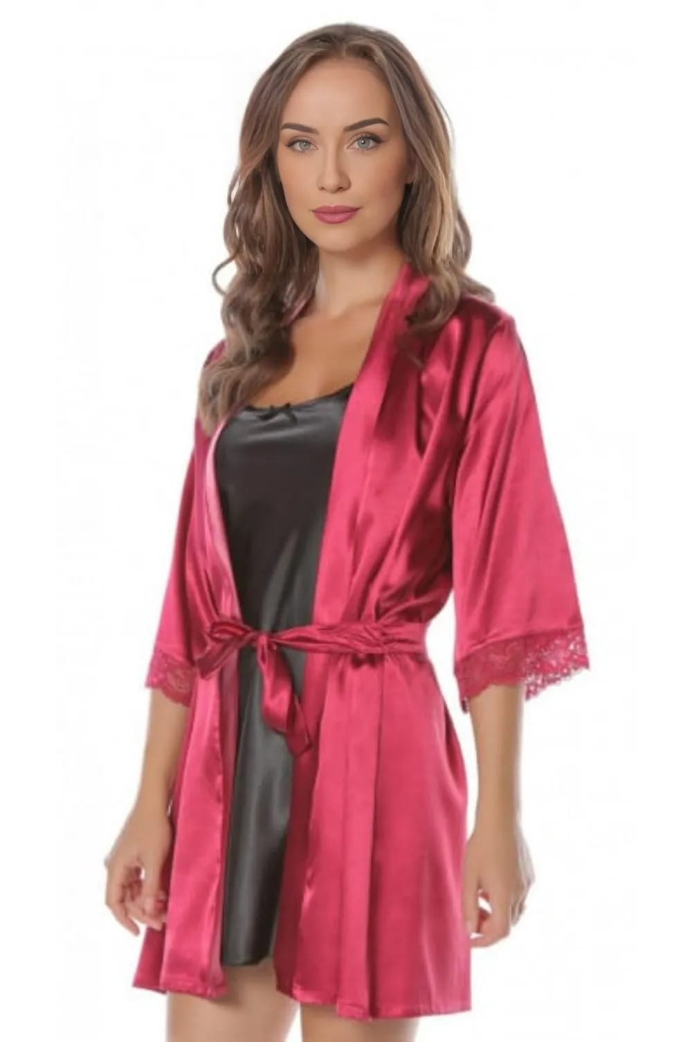 Halat din satin bordo cu dantela