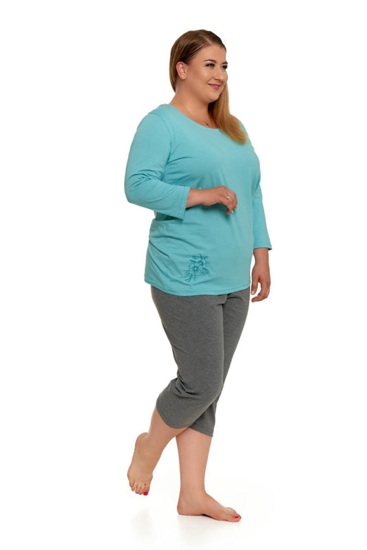 Pijama plus size cu maneca lunga si pantalon uni