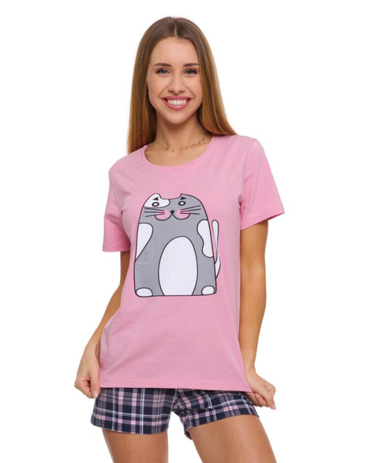 Pijama cu maneca scurta si imprimeu "pisica"